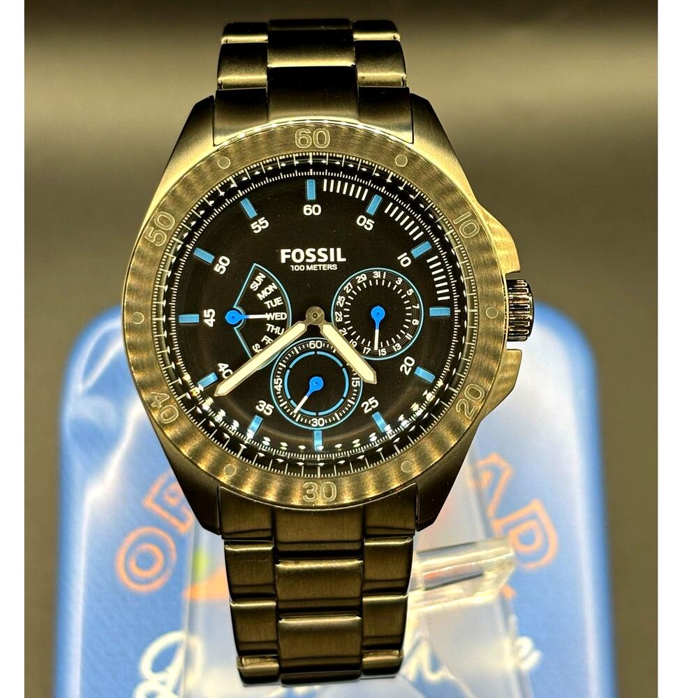 Fossil Dean FS4542 Black Chronograph Silver Tone Stainless Steel Watch 45mm